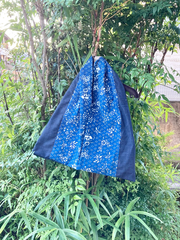 956 古布 リメイク バッグ ワンハンドル 袋 藍染 藍染め 藍印花
