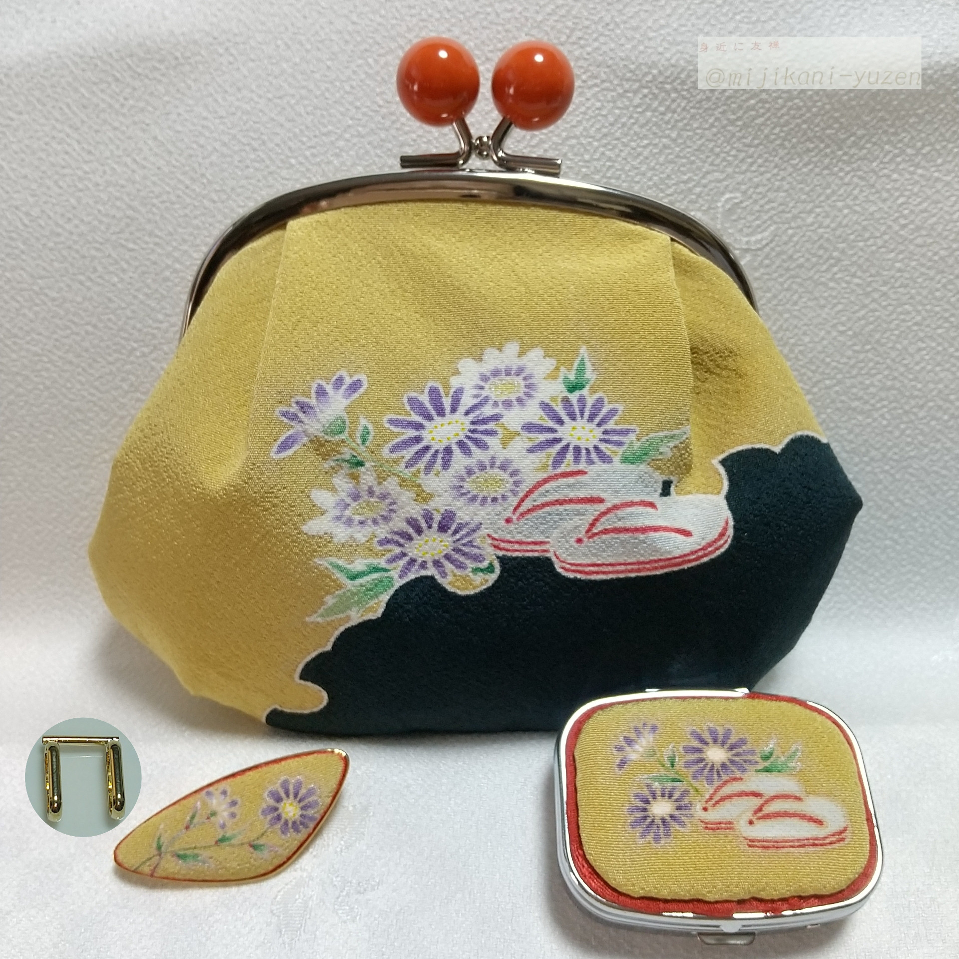 手描き友禅（糸目） こみち  がま口ポーチ　ピルケース　ブローチ 　帯留金具セット