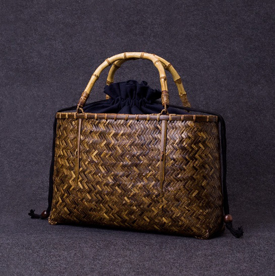 竹節ハンドル付き、全手編みの大容量クラシック手提げバッグ 手作り竹編み かごバッグ ハンドメイド 竹編みバッグ 籠 竹籠