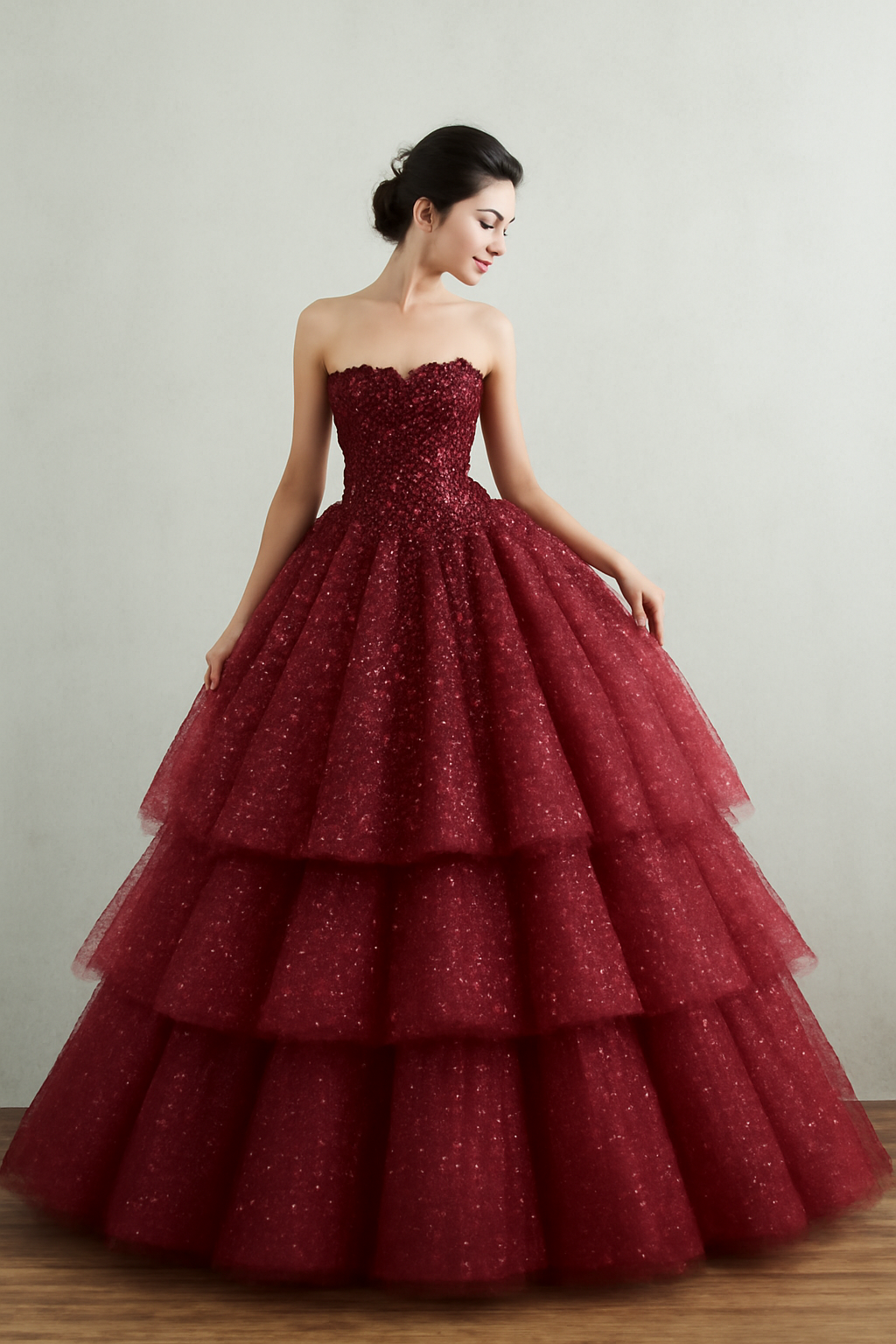 キラキラカラードレス グリッターチュール　ふんわり　ティアード　ワインレッド　ロング丈　披露宴　結婚式