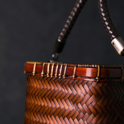 手作り竹編み×革ハンドルの上質クラフトバッグ 手作り竹編み かご