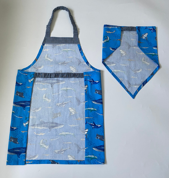 海の生き物サメ柄☆120〜130こどもエプロン、三角巾、巾着3点セット　 6枚目の画像
