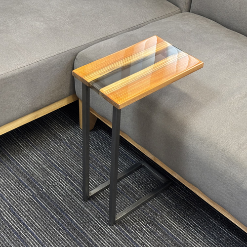 サイドテーブル レジン アイアン 欅 ケヤキ 無垢材 木製 一枚板 コの字