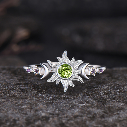 太陽リング 月 星 リング 8月の誕生石 天然ペリドット 結婚指輪 2月の