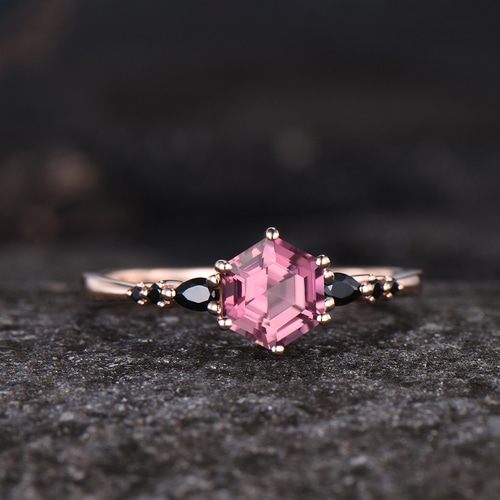 10月の誕生石 天然ピンクトルマリン 結婚指輪 天然ブラックスピネル