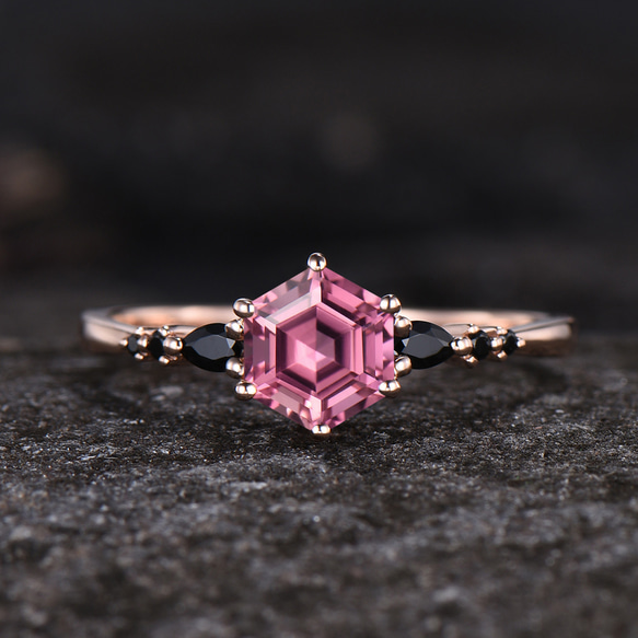 10月の誕生石 天然ピンクトルマリン 結婚指輪 天然ブラックスピネル