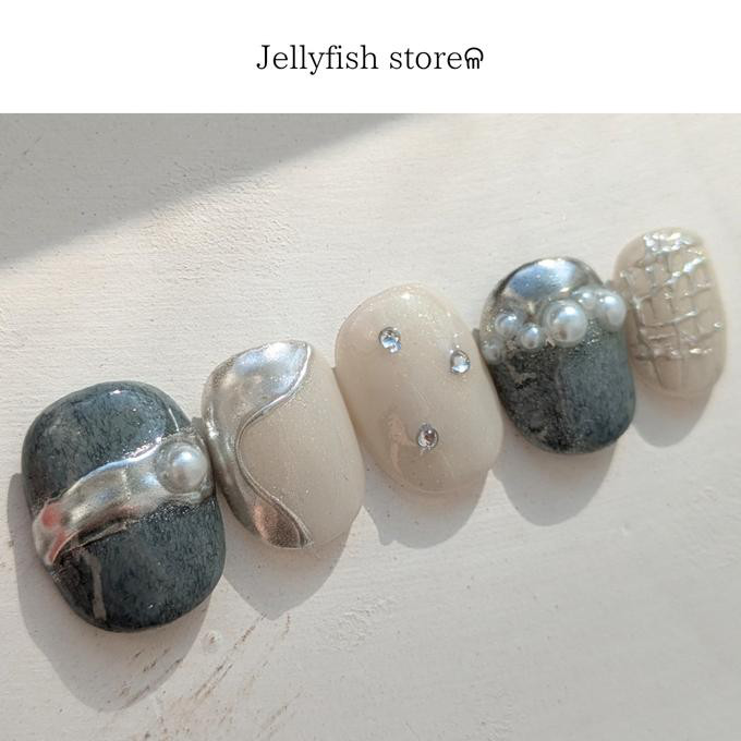 #122｜Silver :: knit × perl 綺麗めネイル* ◯ シルバー ブルー お呼ばれ パーティ デート【