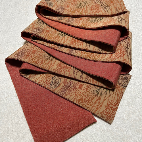 244号 半幅帯 紅型×鮫小紋オレンジ リバーシブル 正絹 ☆締め