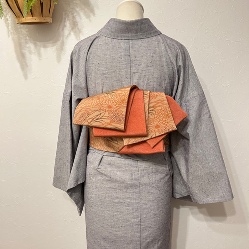 244号 半幅帯 紅型×鮫小紋オレンジ リバーシブル 正絹 ☆締めやすい