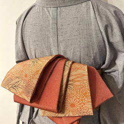 244号 半幅帯 紅型×鮫小紋オレンジ リバーシブル 正絹 ☆締め