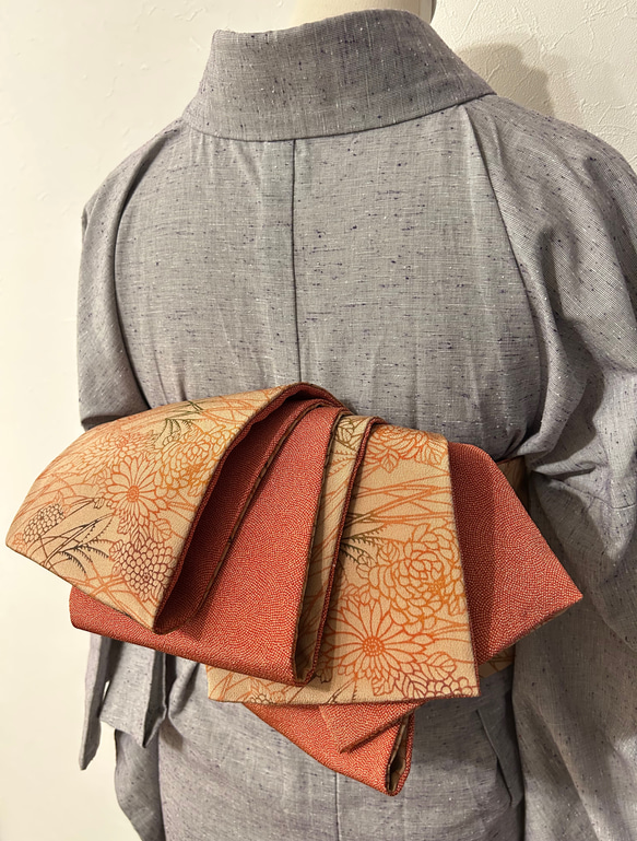 244号 半幅帯 紅型×鮫小紋オレンジ リバーシブル 正絹 ☆締めやすい