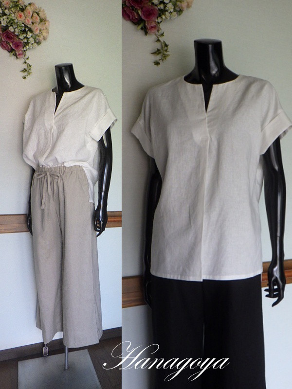 麻50％綿50％Wカフス袖Vネックプルオーバー薄手（オフホワイト）ML 4,964円