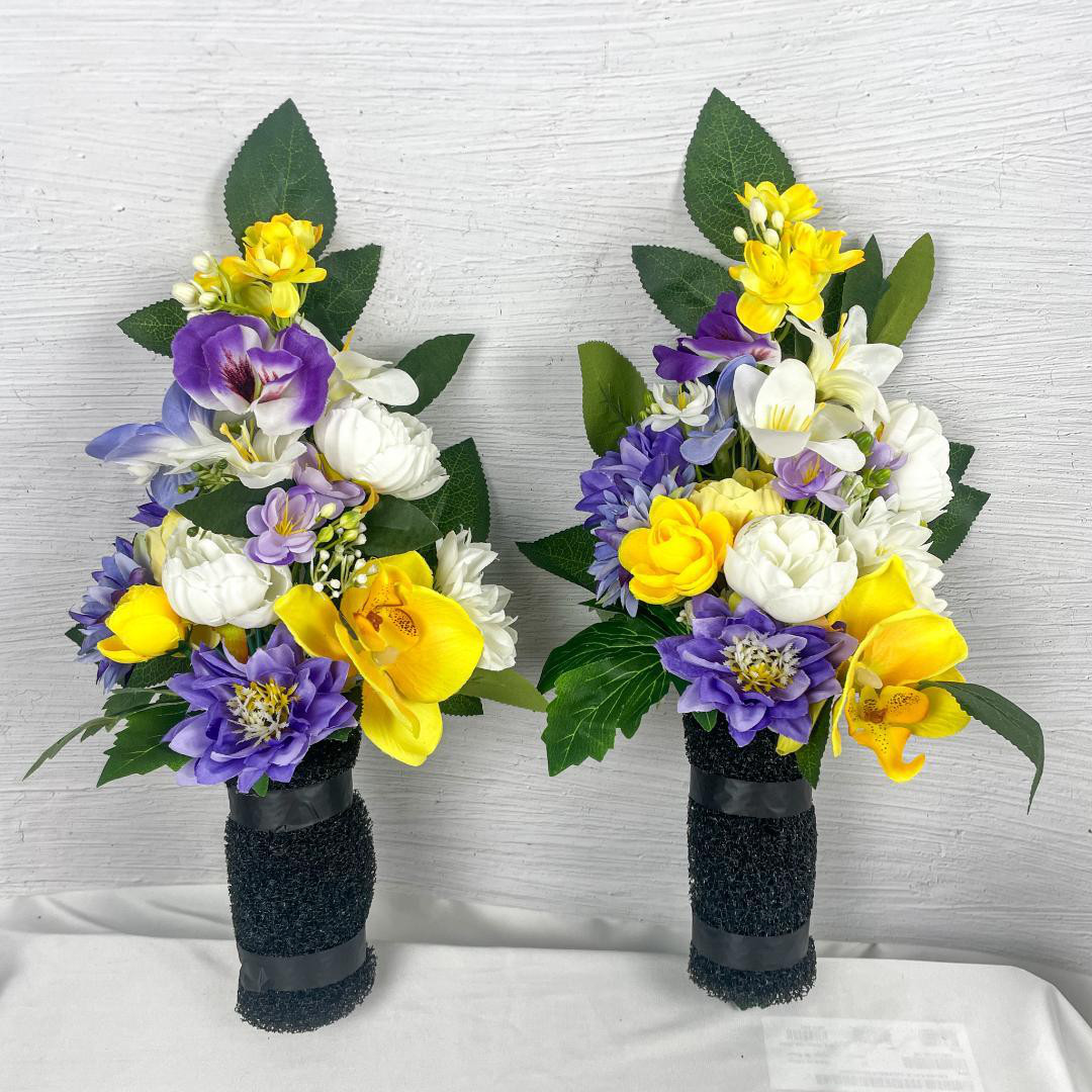 ■お墓用造花仏花♪黄×紫×白の上品アレンジ■