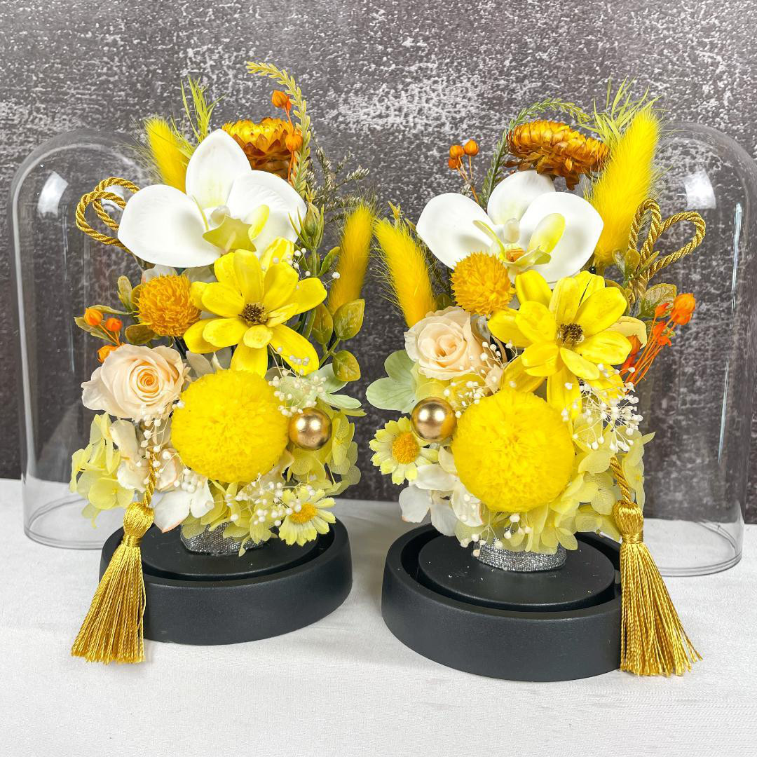 ■プリザーブド仏花♪明るい黄色と白の癒し彩り■クリアケース付き
