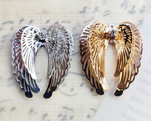 2個 羽 翼 天使 エンジェル 羽根 立体 真鍮 ラインストーン パーツ