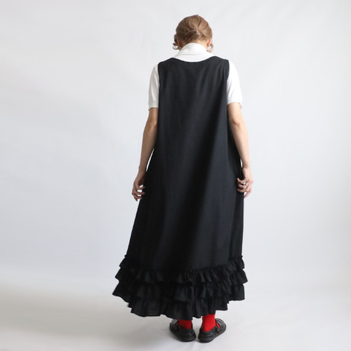 MOGA ブラック ロングワンピース 七分袖 フリル 秋SALE 124cm丈 ギマ擬麻コットン 贅沢裾フリル