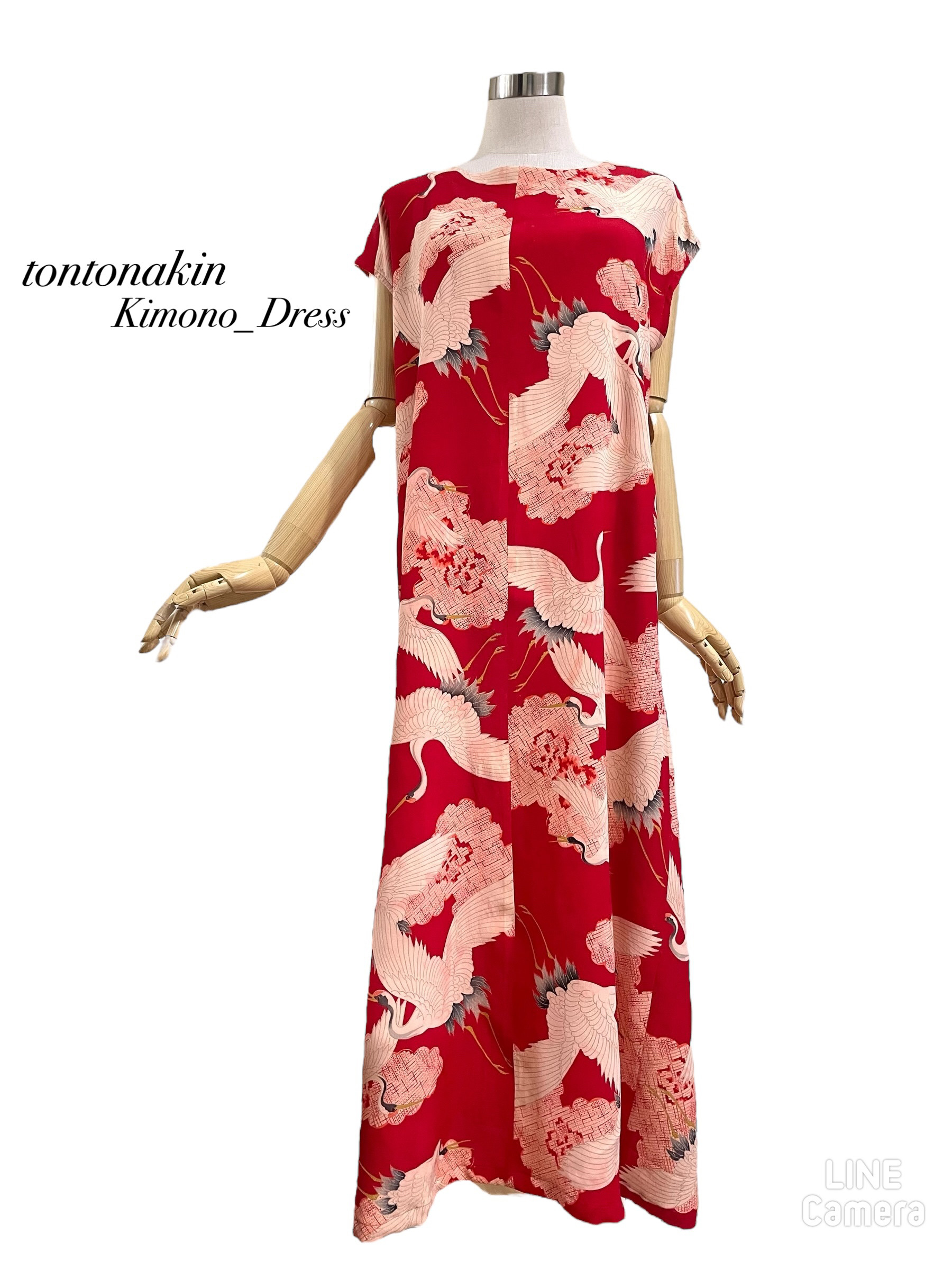 送料無料 アンティーク やわらか 正絹(シルク) 鶴 ロングワンピース M〜LL ハンドメイド