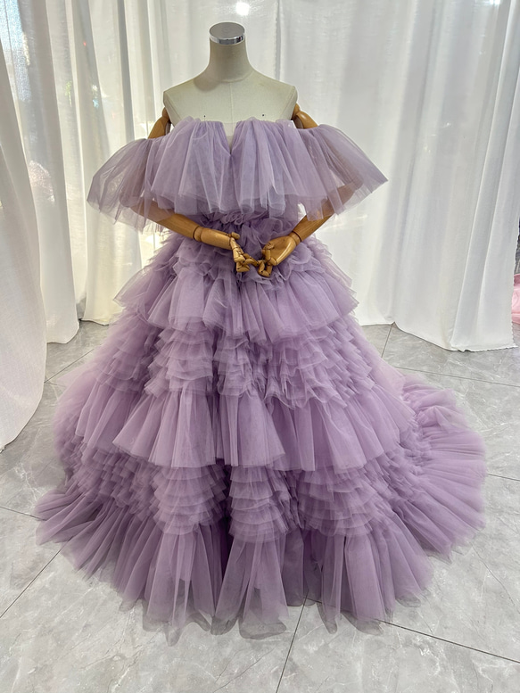 韓国風もこもこ 紫 カラードレス チュールドレス フリルオフ