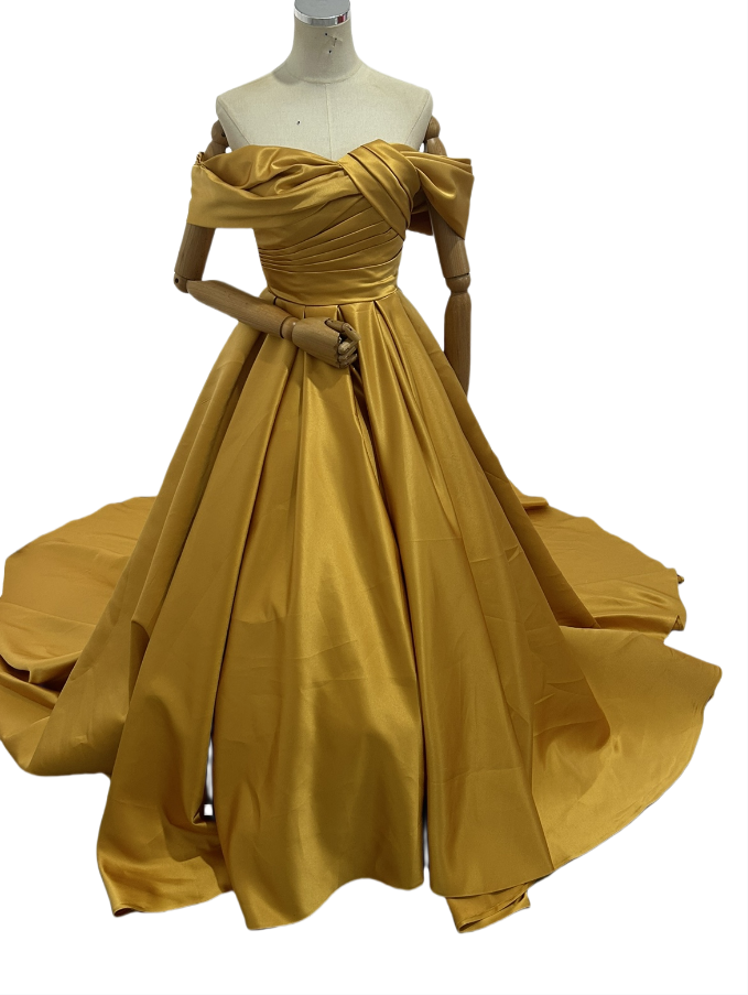 カラードレス イエロー オフショルダー 光沢サテン 編み上げ 花嫁 抜群におしゃれ度が際立つ
