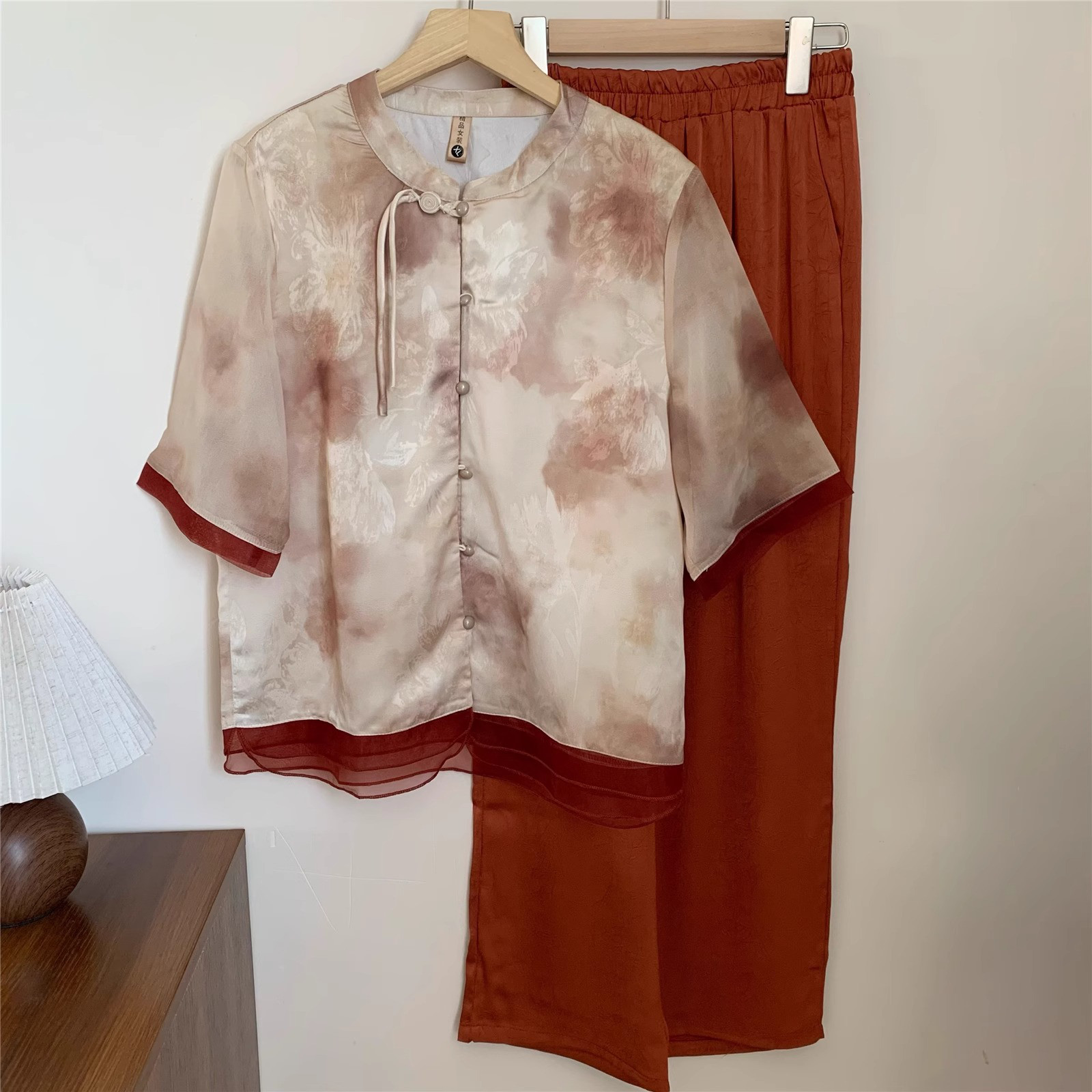 レディース シフォン 半袖シャツ 2点セット フロントオープンデザイン