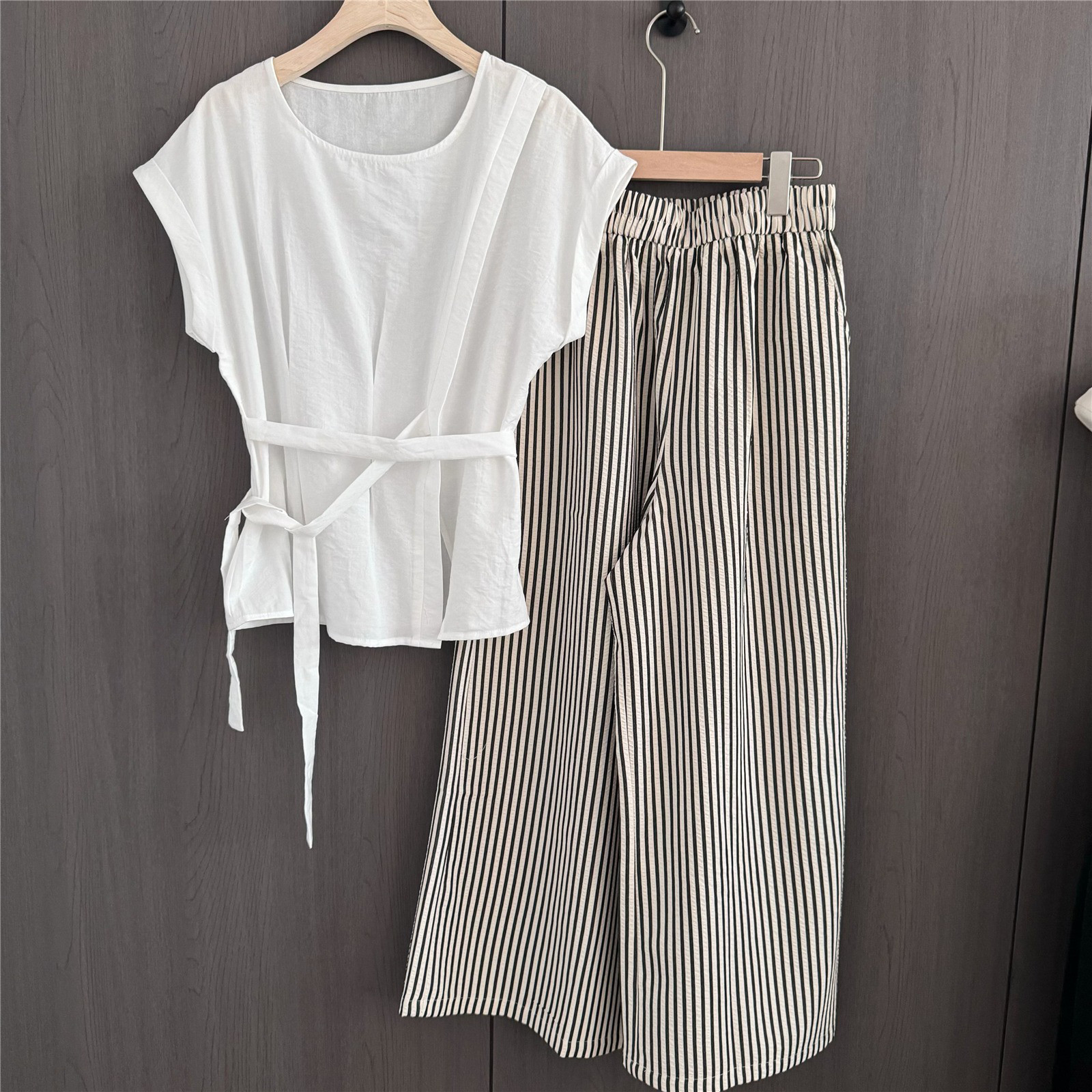 レディース シフォン クルーネック 半袖トップス 2点セット 無地デザイン