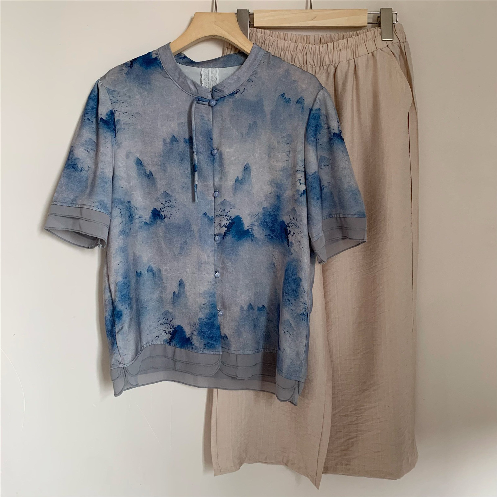 レディース 綿麻風 半袖トップス 2点セット フロントオープンデザイン