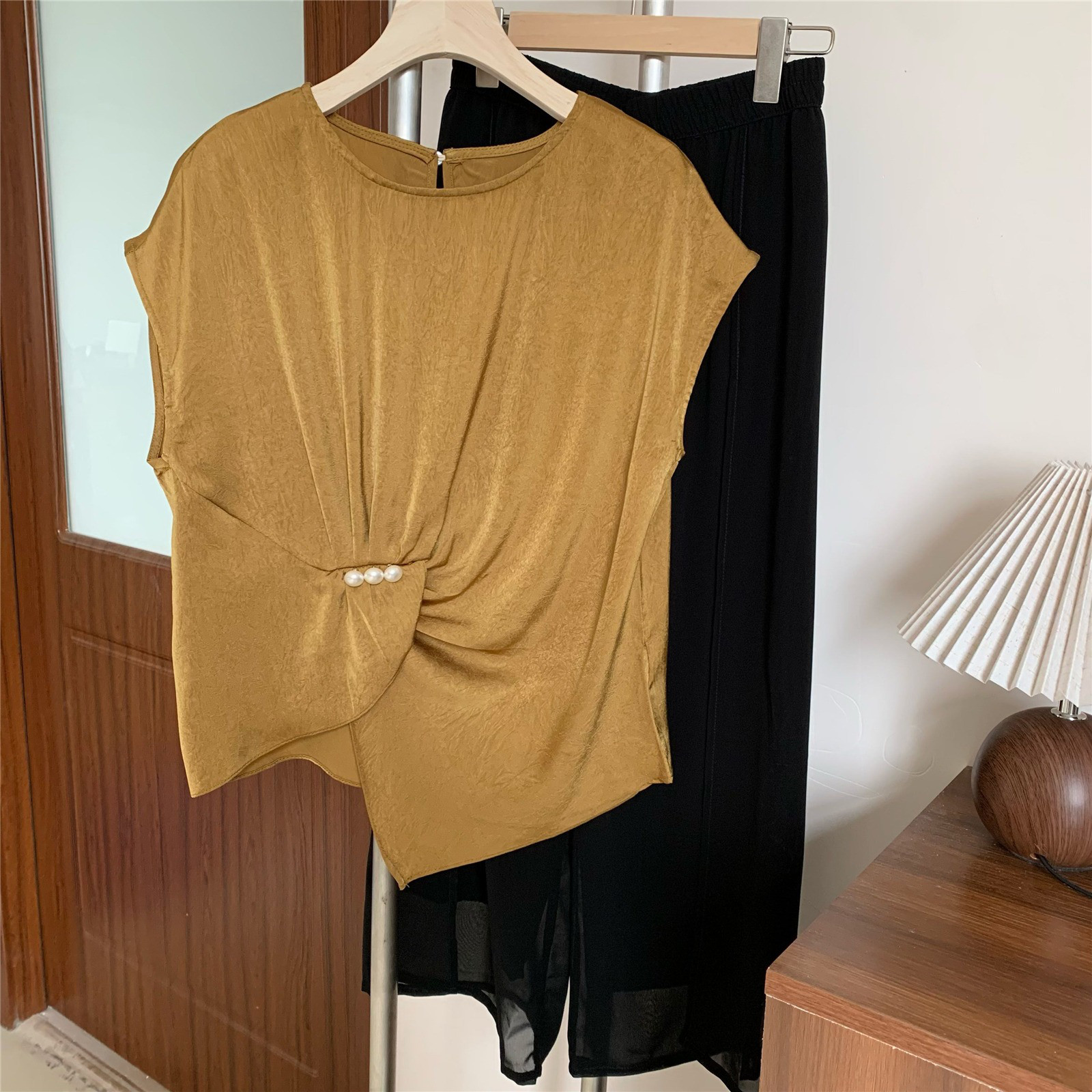 レディース シフォン 半袖Tシャツ＋ワイドパンツ 2点セット