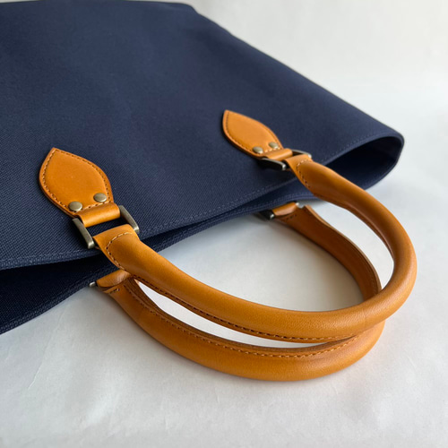 帆布トートバッグ　ネイビー&栃木レザー（JEANS カラシ）丸手ハンドル 受注制作】帆布トートバッグ 栃木レザーハンドル 丸手 ネイビー