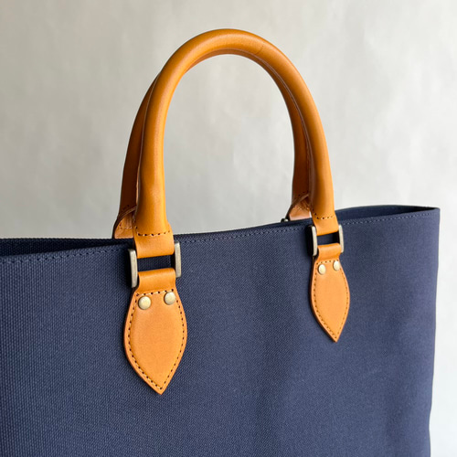 帆布トートバッグ　ネイビー&栃木レザー（JEANS カラシ）丸手ハンドル 受注制作】帆布トートバッグ 栃木レザーハンドル 丸手 ネイビー