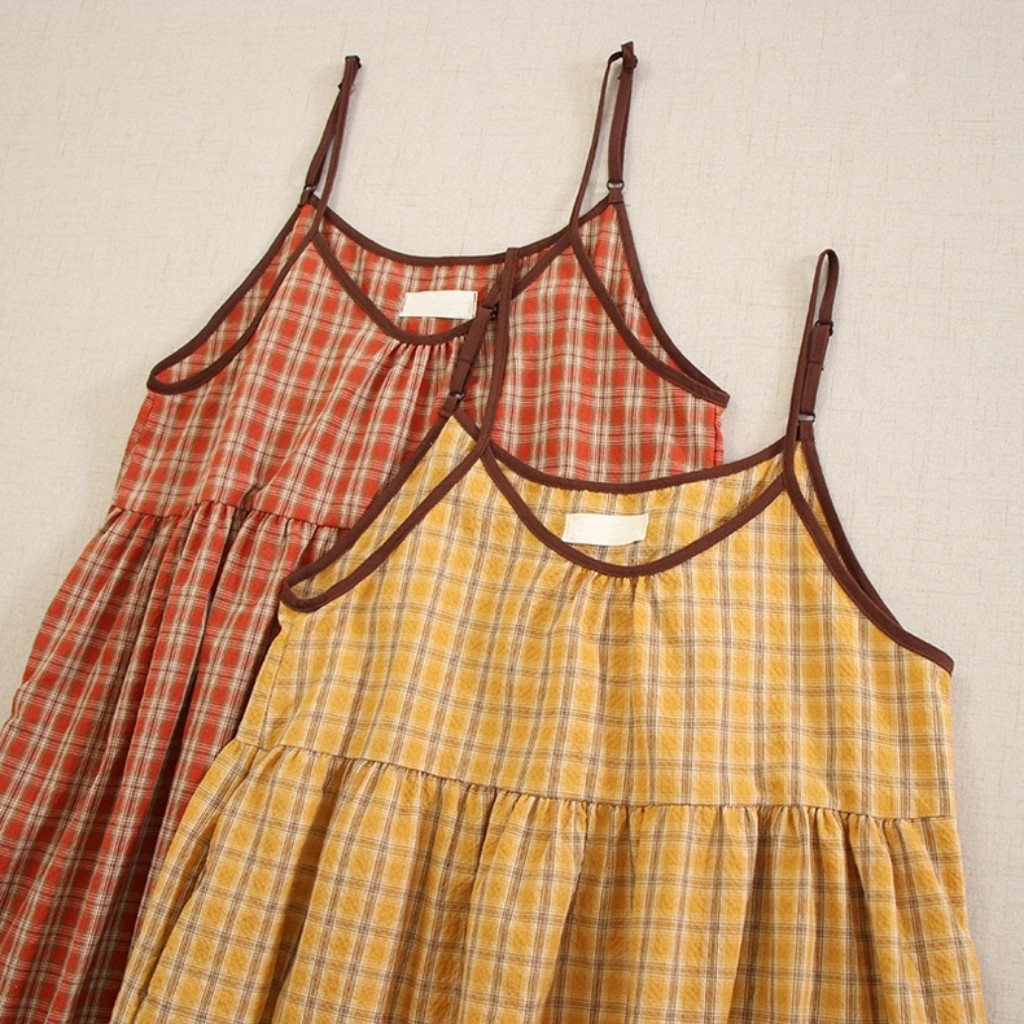 【締めつけない！可愛いワンピース】チェック柄│袖なし│コットン100%│Ｖネック│大人可愛い夏コーデ│O-105LB
