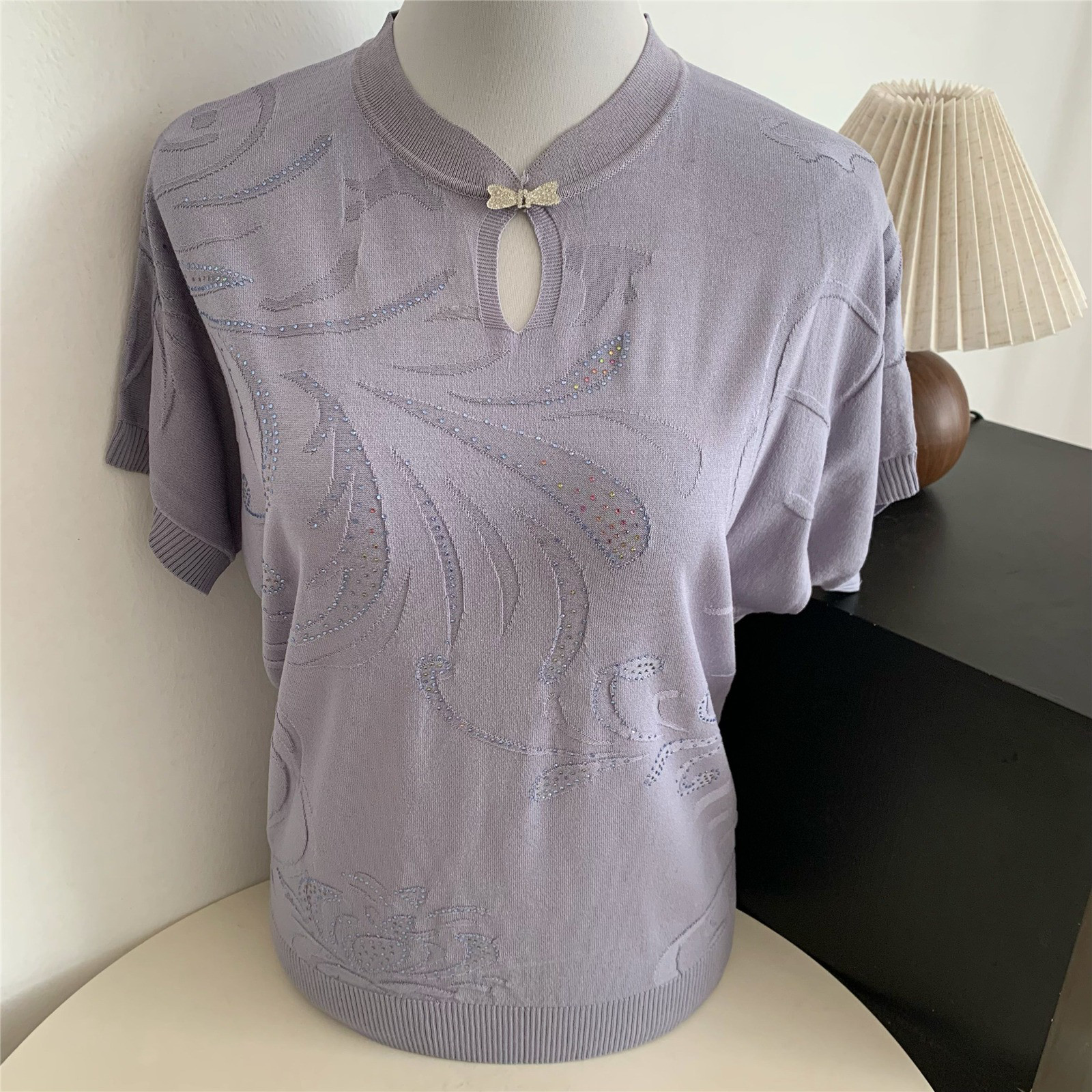 レディース アイスシルク スタンドカラー ニット半袖Tシャツ