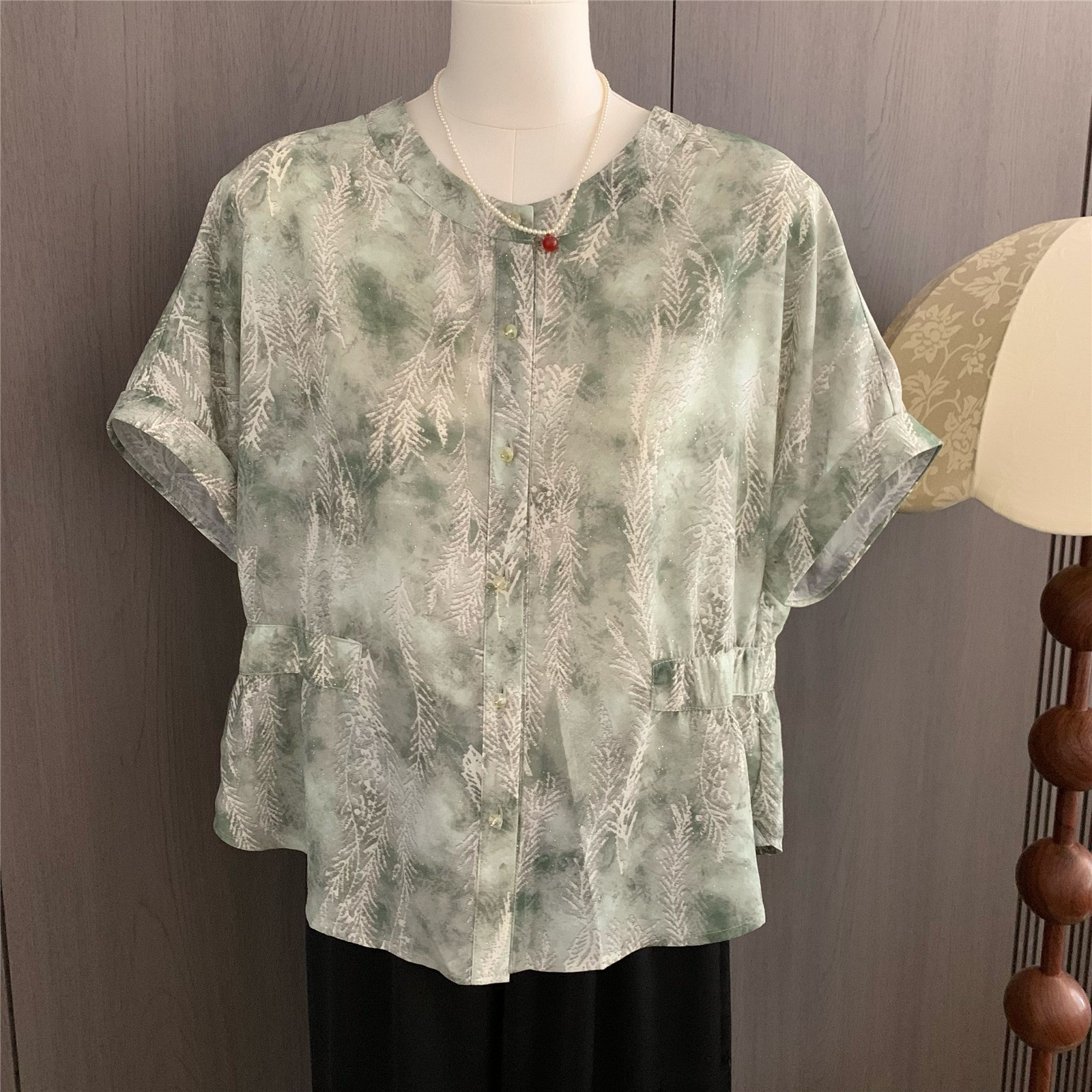 レディース シフォン スタンドカラー 半袖シャツ