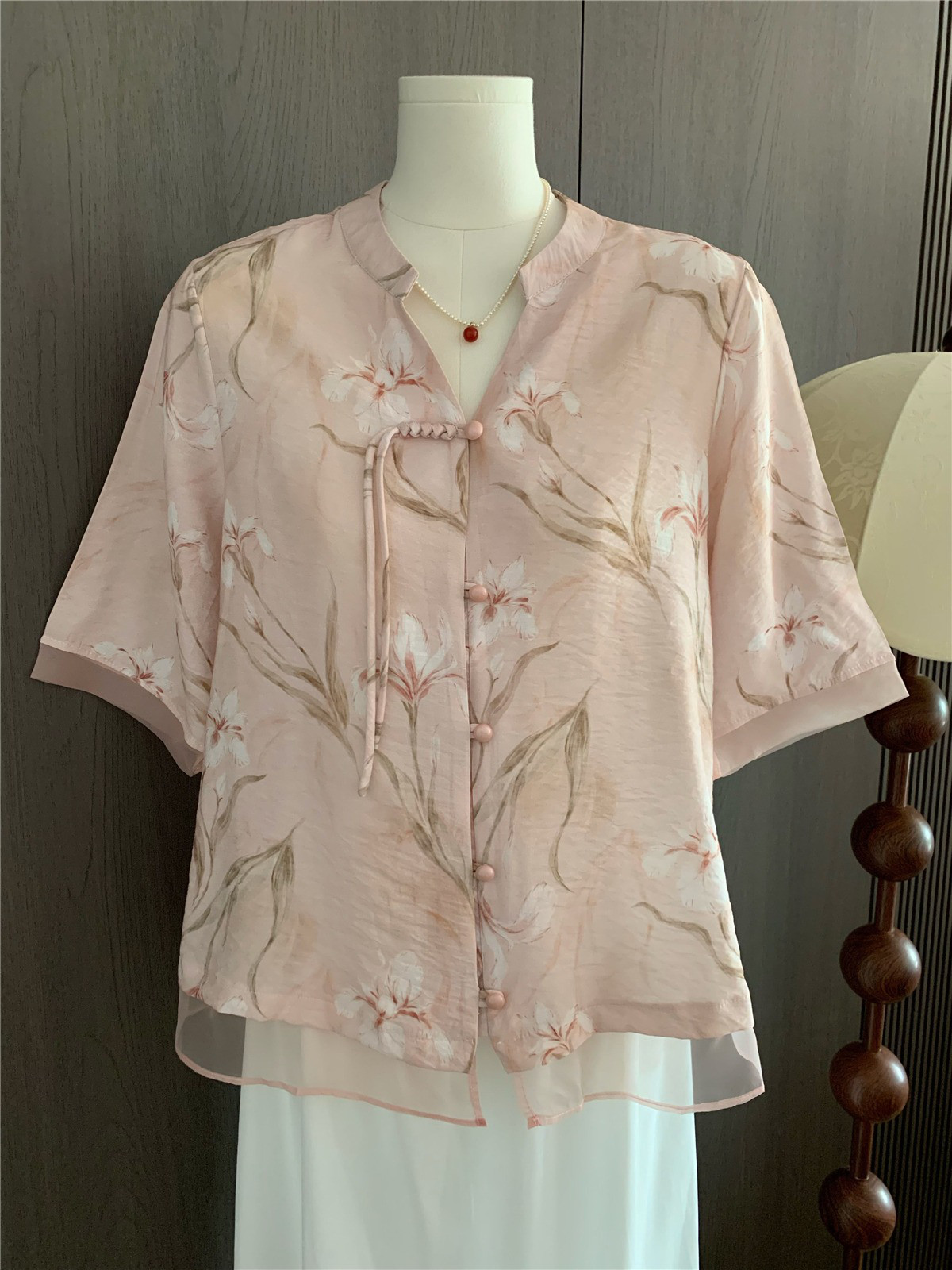 レディース 綿麻 チャイナネック デザイン 半袖Tシャツ