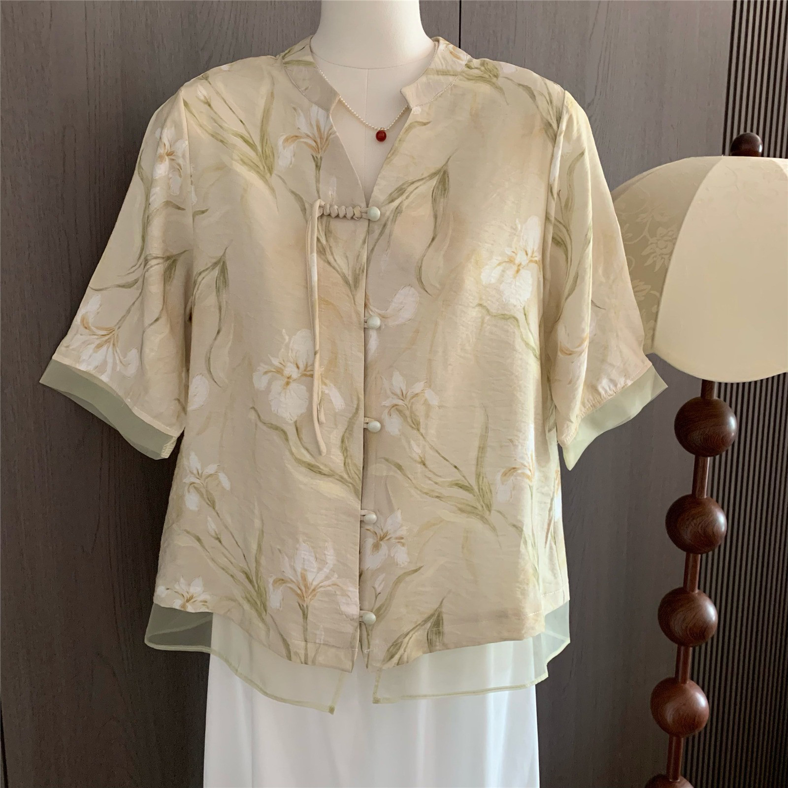 レディース 綿麻 チャイナネック デザイン 半袖Tシャツ