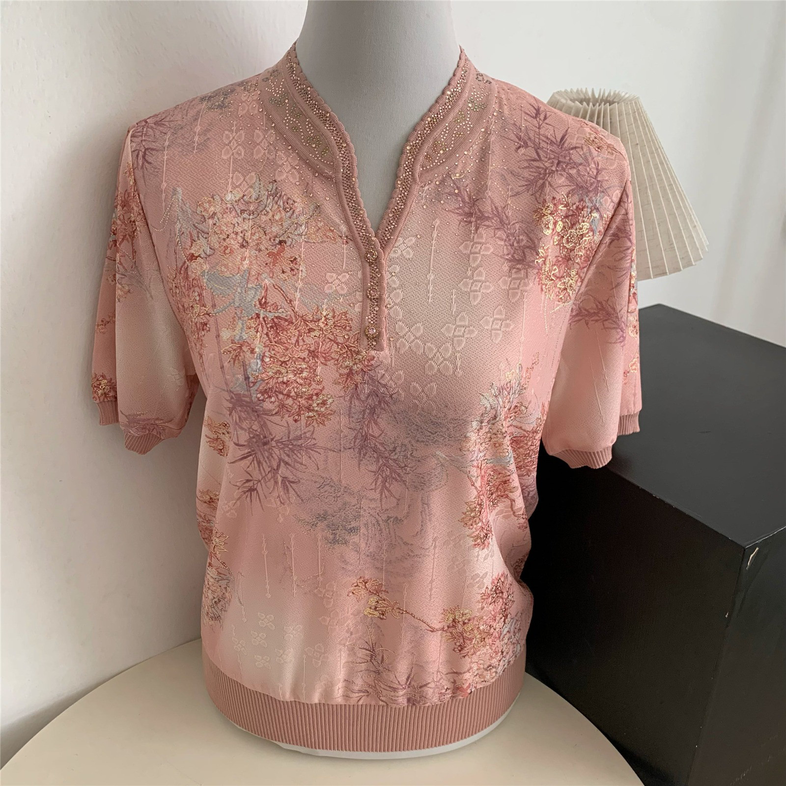 レディース 綿麻 チャイナネック デザイン ゆったりカットTシャツ