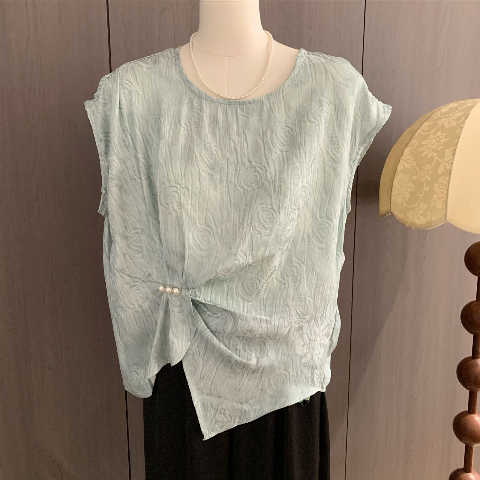 レディース 綿麻 クルーネック ウエストシェイプ 半袖Tシャツ