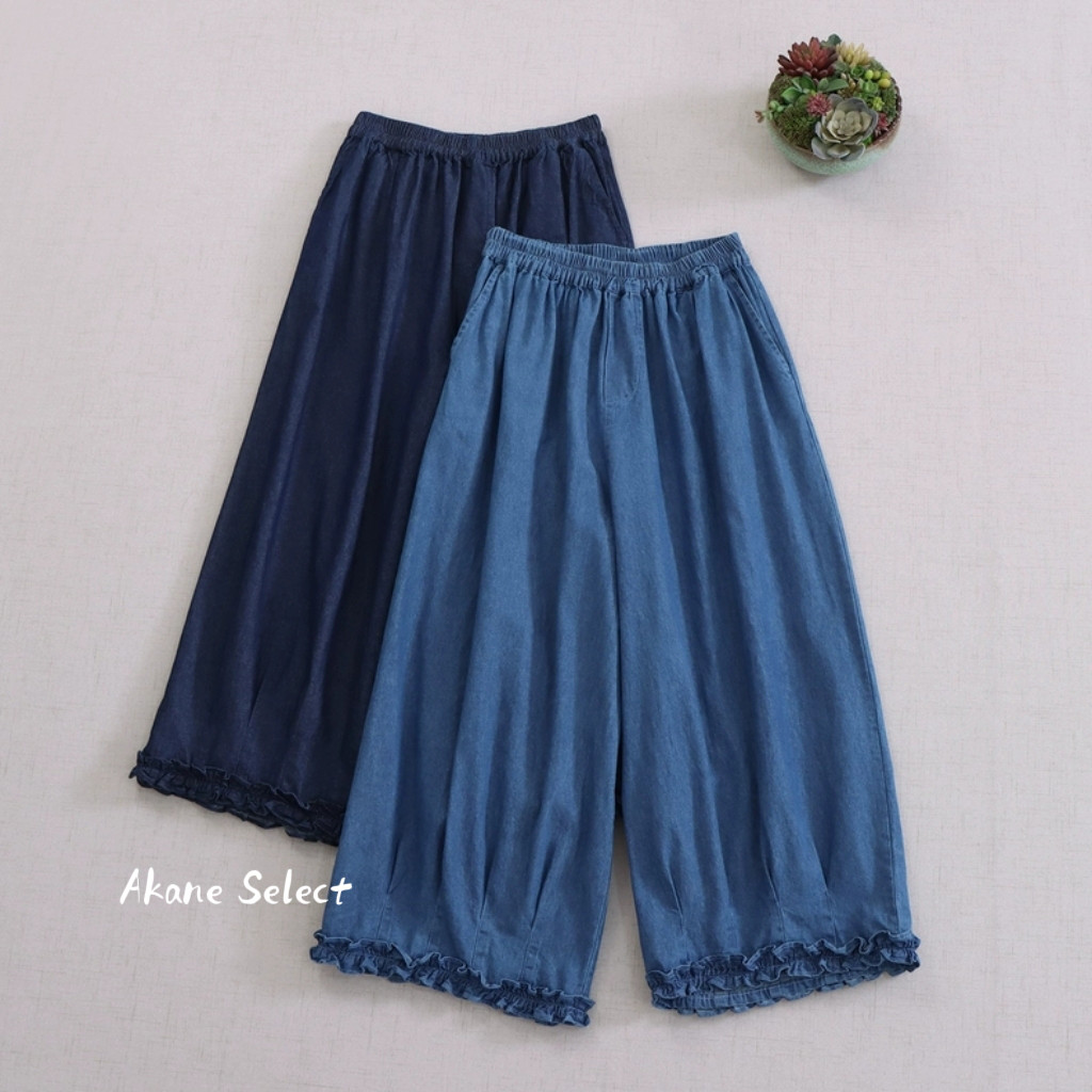【デニム★ワイドパンツ★裾フリル】夏の可愛いパンツ│体型カバー│ウエストゴム│森ガール│シンプル│B-44LB