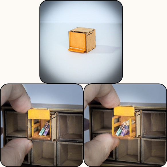 ミニチュア家具 跳ね上げ式本棚 （flip-up bookshelf)『ブロック組合せ家具 25シリーズ』 2枚目の画像