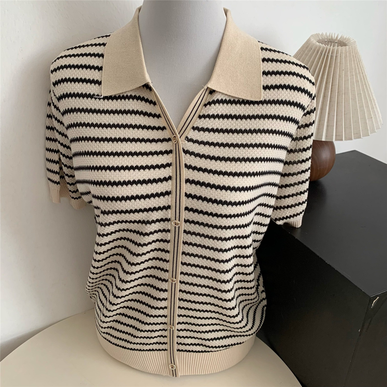 レディース ニット ボーダー柄 テーラードカラーTシャツ