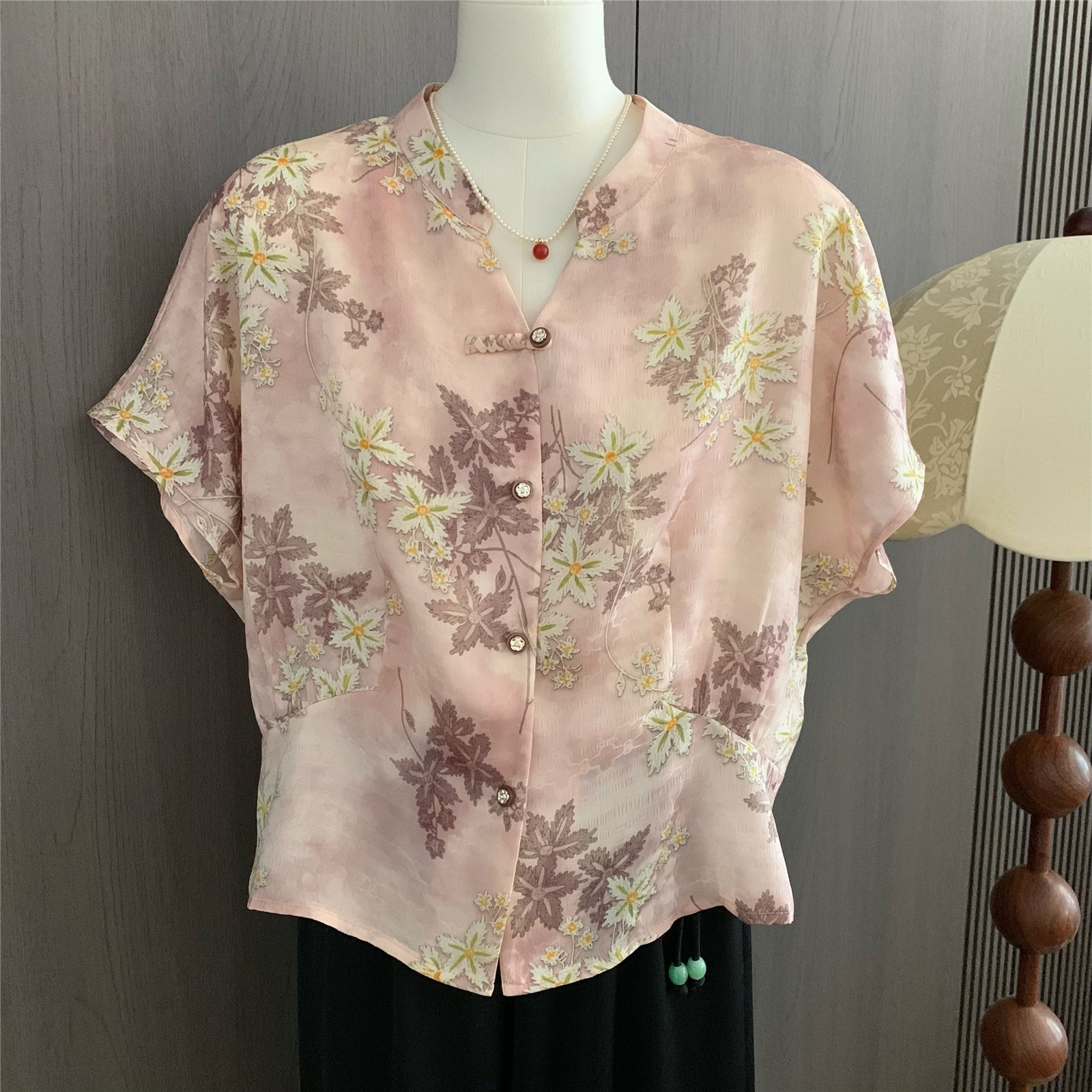 レディース 綿麻 花柄 半袖シャツ