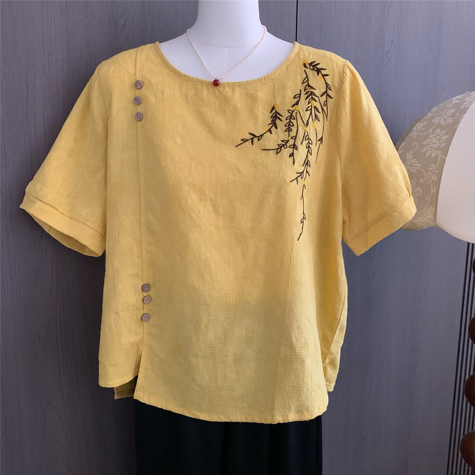 レディース 綿麻 シンプルカット 半袖シャツ