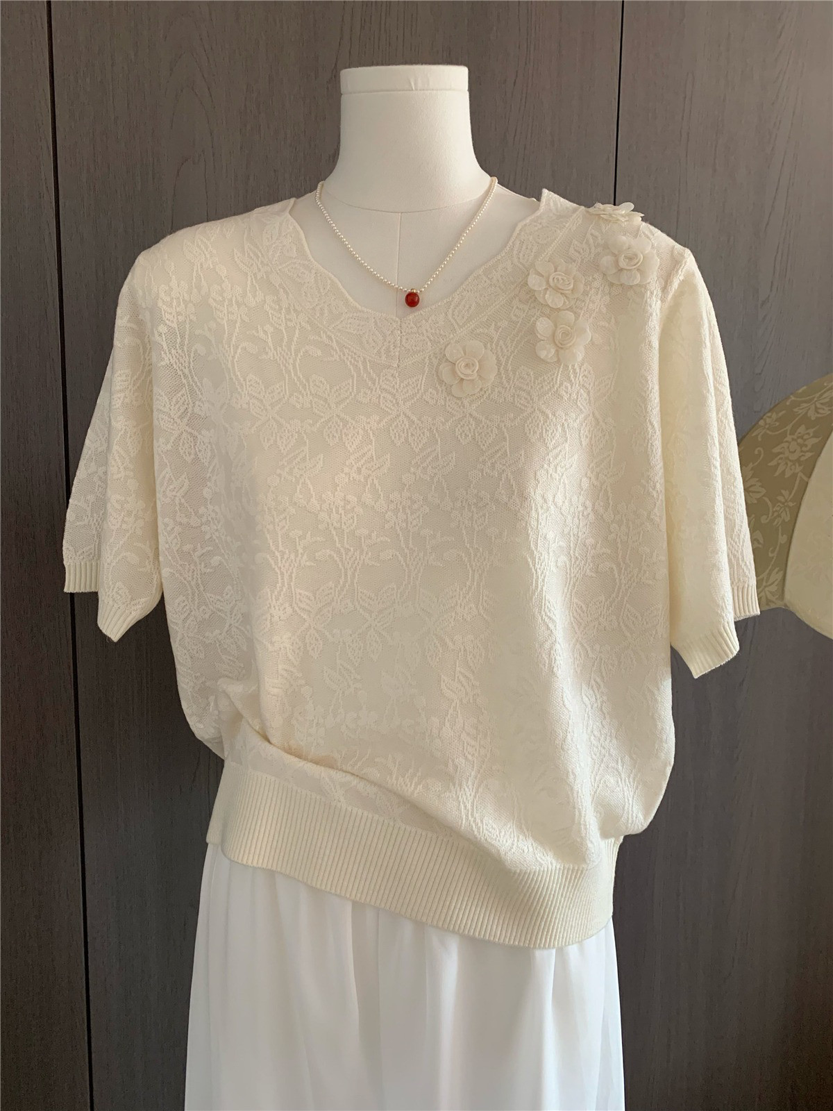 レディース ニット Vネック 花柄 半袖Tシャツ