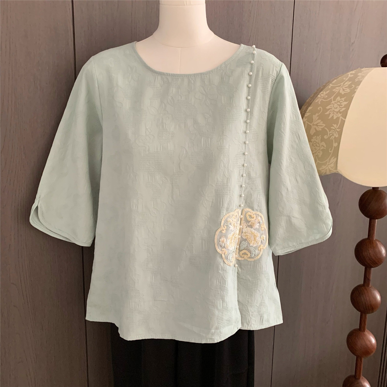 レディース 綿麻 七分袖 若見えデザインシャツ