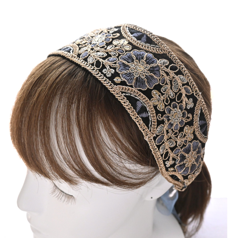 《結ぶタイプ》アンティーク風エレガント◇インド刺繍リボンの幅広ヘアバンド＊ブラック×ネイビー