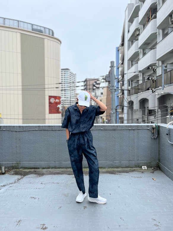 夜半の山郷アロハ& 月明かりの塔パンツ セットアップ 紬アロハ＆イージーパンツ　セットアップ　着物リユース　着物リメイク 2枚目の画像