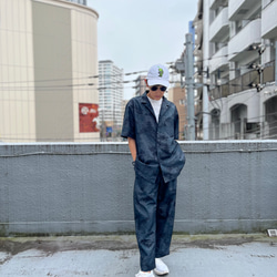 夜半の山郷アロハ& 月明かりの塔パンツ セットアップ 紬アロハ＆イージーパンツ　セットアップ　着物リユース　着物リメイク 1枚目の画像
