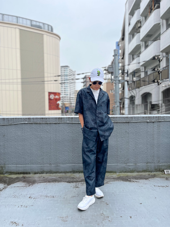 夜半の山郷アロハ& 月明かりの塔パンツ セットアップ 紬アロハ＆イージーパンツ　セットアップ　着物リユース　着物リメイク 1枚目の画像