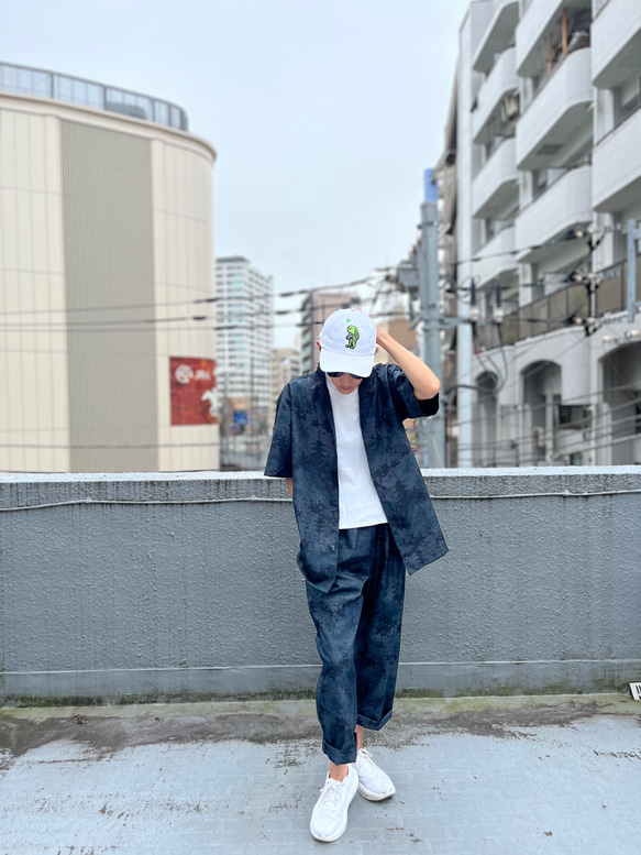 夜半の山郷アロハ& 月明かりの塔パンツ セットアップ 紬アロハ＆イージーパンツ　セットアップ　着物リユース　着物リメイク 8枚目の画像