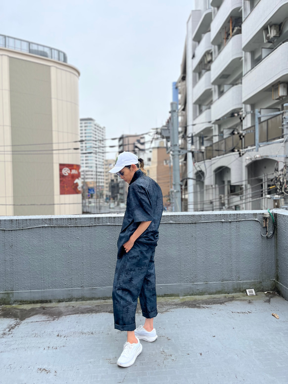 夜半の山郷アロハ& 月明かりの塔パンツ セットアップ 紬アロハ＆イージーパンツ　セットアップ　着物リユース　着物リメイク 6枚目の画像