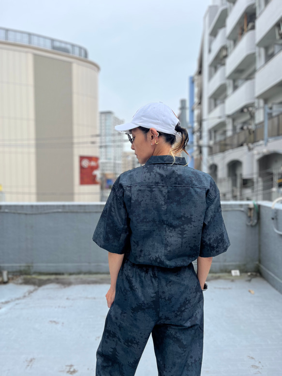 夜半の山郷アロハ& 月明かりの塔パンツ セットアップ 紬アロハ＆イージーパンツ　セットアップ　着物リユース　着物リメイク 7枚目の画像